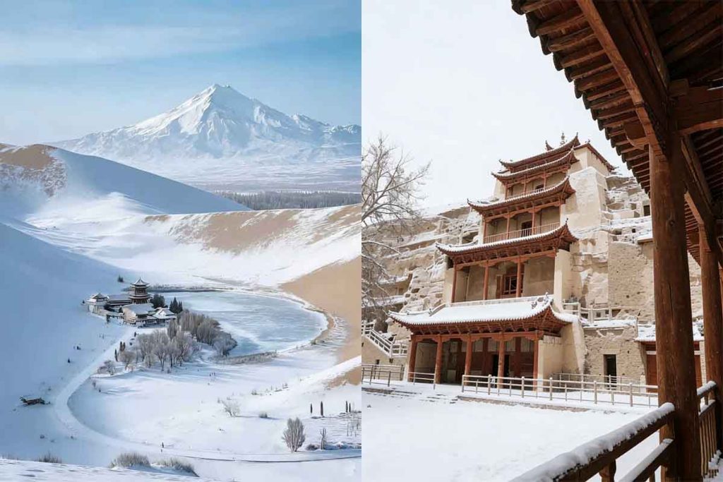 雪后的鸣沙山月牙泉和莫高窟